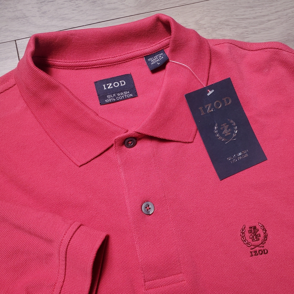 NWT IZOD Silk Wash Polo Shirt Mens Large 100% Cotton Pink Coral Short Sleeve